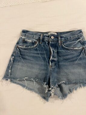 Agolde Medium Blue Distressed High-Rise Denim Shorts